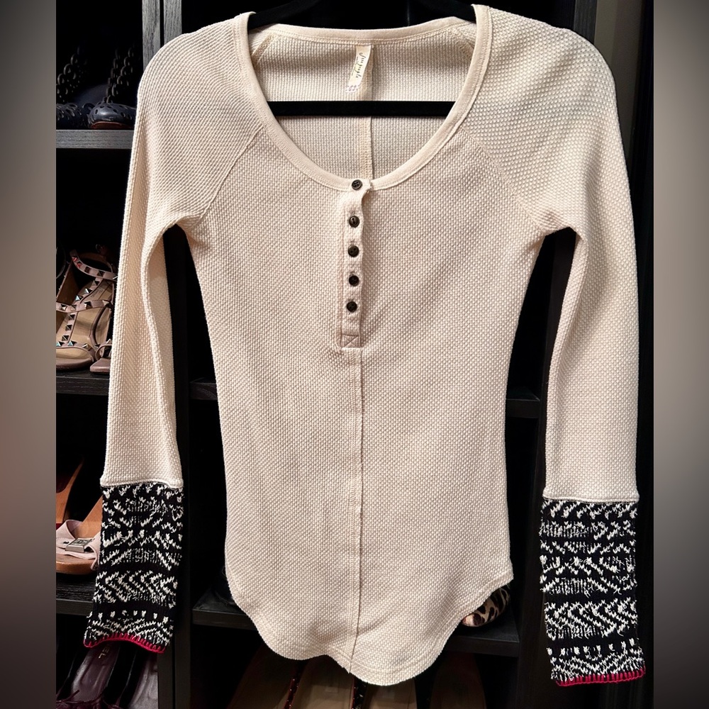 Free People Cream Long Sleeve Top with Patterned Cuffs